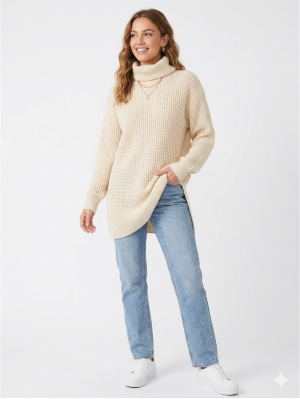Women's Free People Eleven Oversized Chunky Knit Turtleneck Tunic CreamSweater M